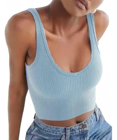 Women's Sleeveless Shirt Ribbed Fitted Scoop Neck Basic Crop Tank Top Cropped 02light Blue $9.02 Tanks