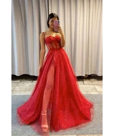 Glitter Tulle Prom Dresses 2024 for Teens with Slit Spaghetti Straps Floral Lace Formal Evening Gowns Sage $30.40 Dresses