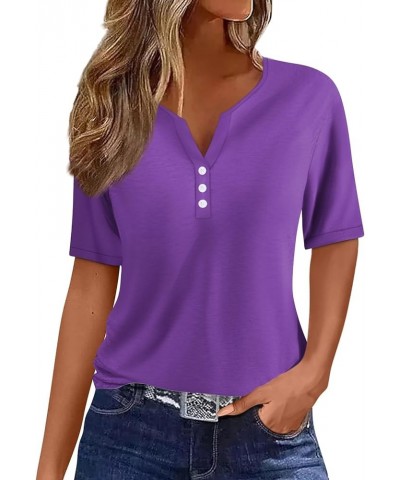 Womens Summer Tops Fashion 2024 Henley Neck Short Sleeve Shirts Casual Print Button Down Blouses 01-purple $9.34 Tops