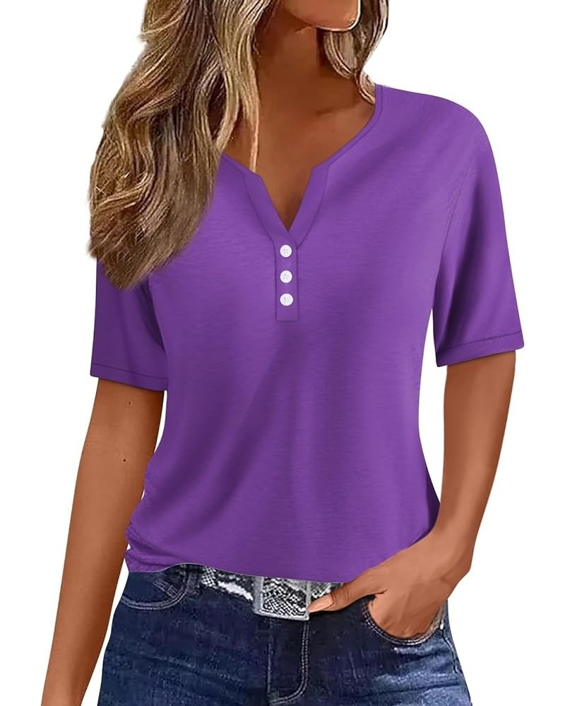 Womens Summer Tops Fashion 2024 Henley Neck Short Sleeve Shirts Casual Print Button Down Blouses 01-purple $9.34 Tops