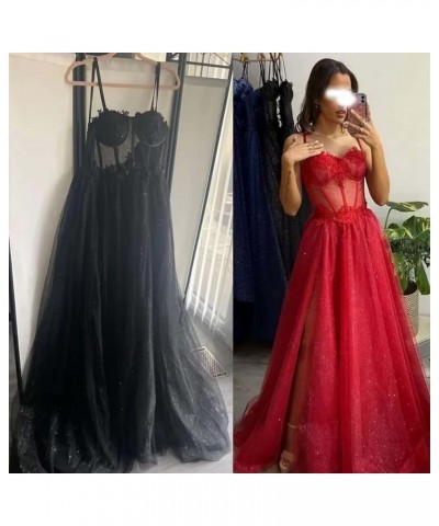 Glitter Tulle Prom Dresses 2024 for Teens with Slit Spaghetti Straps Floral Lace Formal Evening Gowns Sage $30.40 Dresses