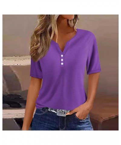 Womens Summer Tops Fashion 2024 Henley Neck Short Sleeve Shirts Casual Print Button Down Blouses 01-purple $9.34 Tops