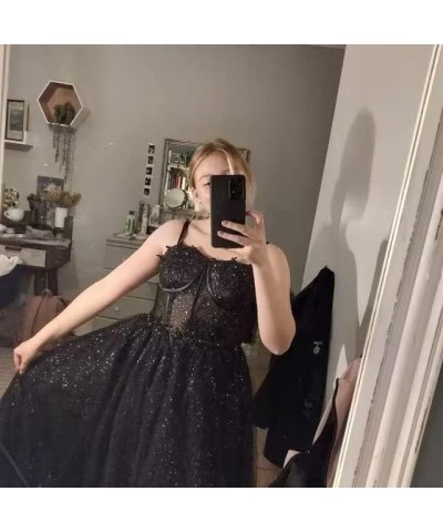 Glitter Tulle Prom Dresses 2024 for Teens with Slit Spaghetti Straps Floral Lace Formal Evening Gowns Sage $30.40 Dresses