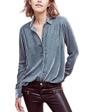 Womens Winter Velvet Long Sleeve Button Down Casual Tops Shirts Lightblue $15.12 Blouses