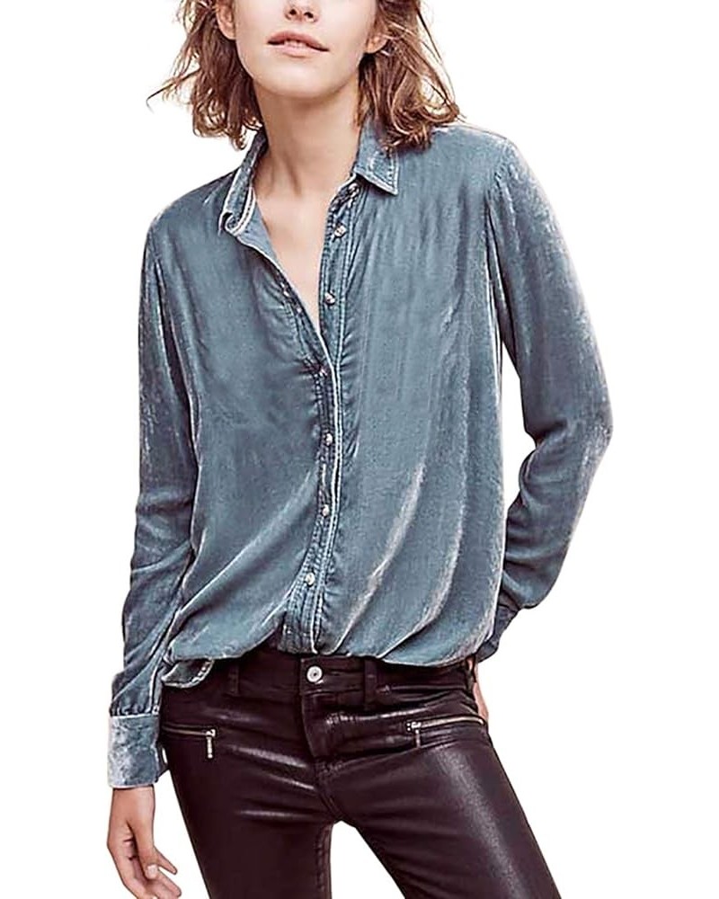 Womens Winter Velvet Long Sleeve Button Down Casual Tops Shirts Lightblue $15.12 Blouses