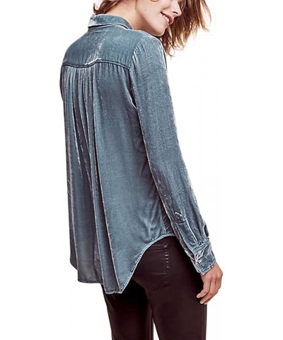 Womens Winter Velvet Long Sleeve Button Down Casual Tops Shirts Lightblue $15.12 Blouses