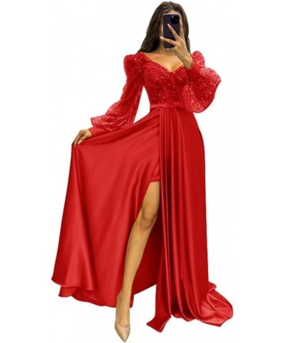 Long Sleeve Sequin Prom Dresses with Slit Satin Pleated Formal Evening Party Gowns with Belt Red $37.26 Dresses