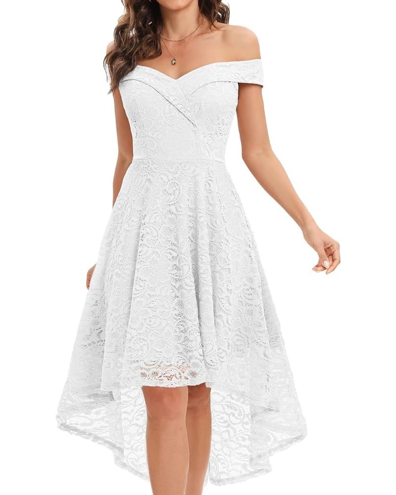 Women's Elegant Floral Lace Dress Off The Shoulder High Low Hem Dresses for Wedding for Cocktail for Party Hi Low-white $16.8...