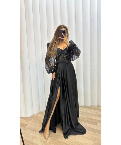 Long Sleeve Sequin Prom Dresses with Slit Satin Pleated Formal Evening Party Gowns with Belt Red $37.26 Dresses