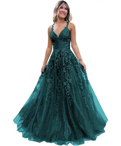 Women's Sparkly Tulle Lace Applique Prom Dresses 2024 Long Spaghetti Straps Formal Evening Gowns Teal $33.00 Dresses