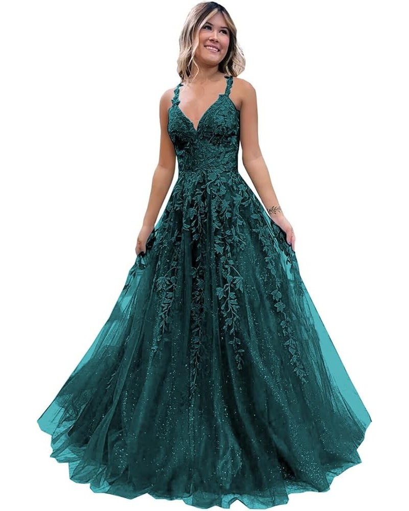 Women's Sparkly Tulle Lace Applique Prom Dresses 2024 Long Spaghetti Straps Formal Evening Gowns Teal $33.00 Dresses