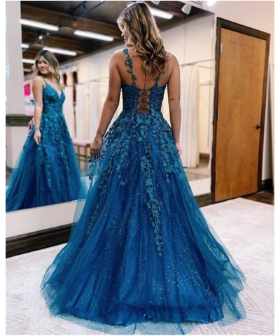 Women's Sparkly Tulle Lace Applique Prom Dresses 2024 Long Spaghetti Straps Formal Evening Gowns Teal $33.00 Dresses