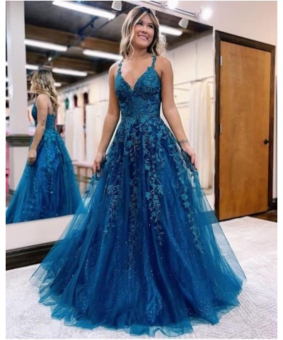 Women's Sparkly Tulle Lace Applique Prom Dresses 2024 Long Spaghetti Straps Formal Evening Gowns Teal $33.00 Dresses