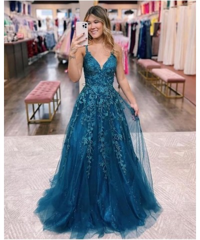 Women's Sparkly Tulle Lace Applique Prom Dresses 2024 Long Spaghetti Straps Formal Evening Gowns Teal $33.00 Dresses