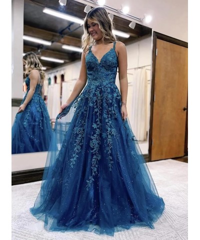 Women's Sparkly Tulle Lace Applique Prom Dresses 2024 Long Spaghetti Straps Formal Evening Gowns Teal $33.00 Dresses