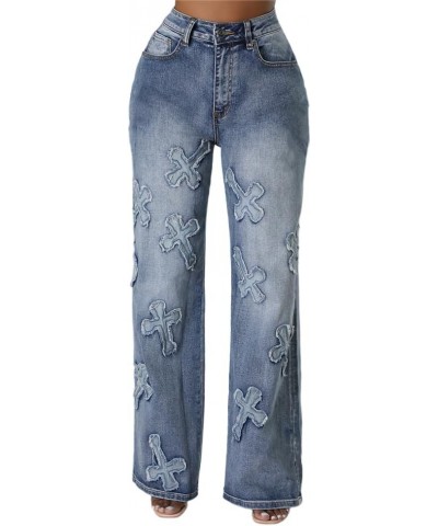 Women's Cross Patchwork Wide Leg Jeans, Mid Rise Vintage Cowboy Pants Fashion Denim Jeans for Women Blue $20.25 Jeans