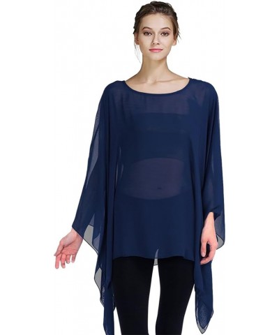 Womens Summer Solid Sheer Batwing Blouse Chiffon Caftan Poncho Tunic Top Plus Size Cover up Navy Blue $10.32 Swimsuits