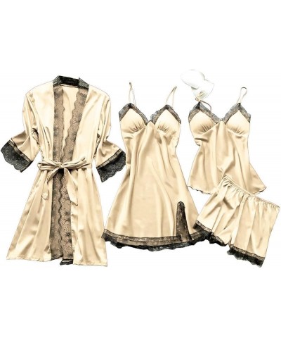 Womens Lingeries Sexy Plus Size 4PC Silk Lingerie Sleepwear Valentines Women Lace Robe Dress Set Pajamas Nightdress Beige $12...