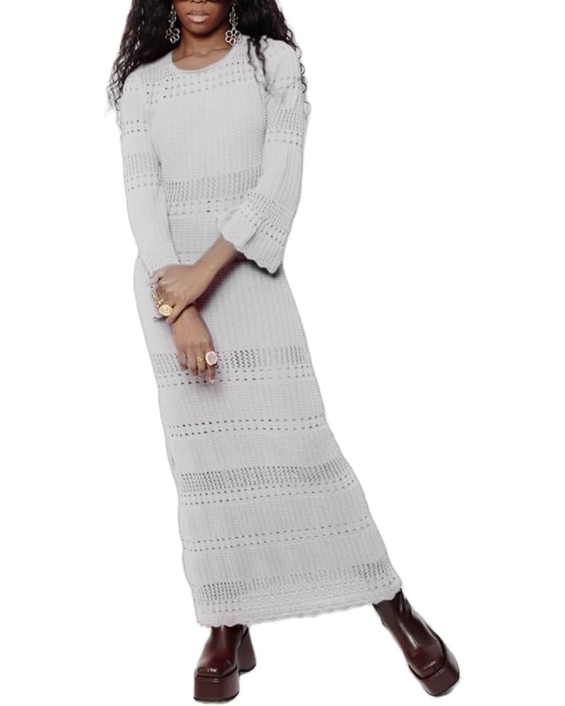 Women Crochet Knit Long Sleeve Maxi Dress Hollow Out Backless Cover Up Long Dress Y2k See Through Knitted Beachwear D-white F...