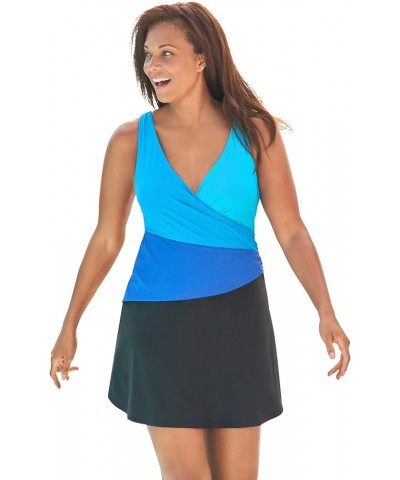 Women's Plus Size Colorblock Fit-and-Flare Swim Dress Black Ultramarine Colorblock $30.36 Swimsuits