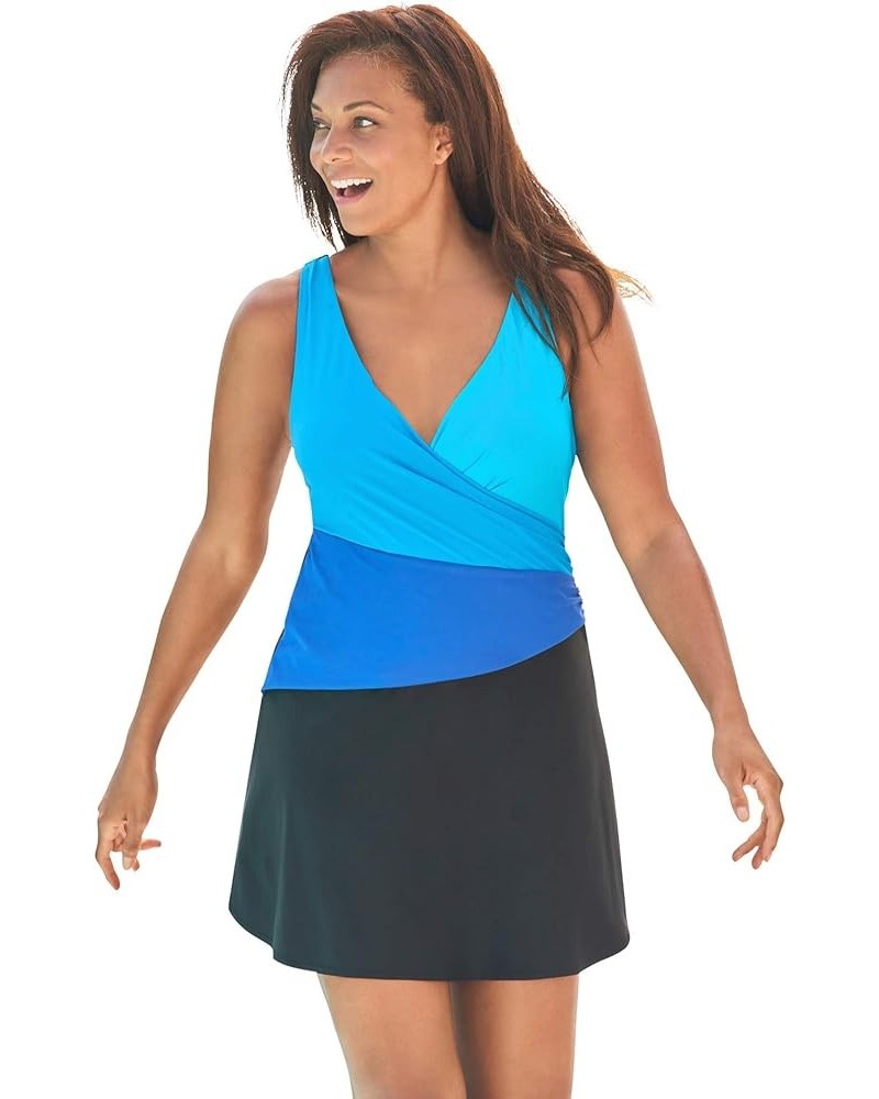 Women's Plus Size Colorblock Fit-and-Flare Swim Dress Black Ultramarine Colorblock $30.36 Swimsuits