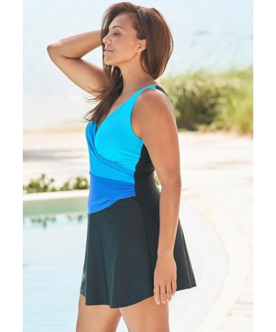 Women's Plus Size Colorblock Fit-and-Flare Swim Dress Black Ultramarine Colorblock $30.36 Swimsuits