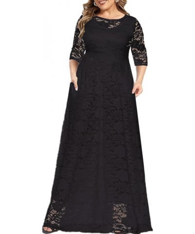 Women's Plus Size Floral Lace Wedding Dress 3 4 Sleeve Bridesmaid Evening Party Long Maxi Dresses with Pockets B-black $31.89...