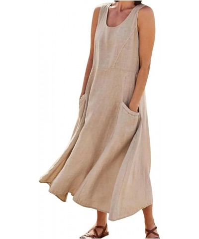 Women's Sundresses Fashion Casual Solid Colour Sleeveless Cotton Linen Pocket Dress Dresses 2022 Khaki $9.89 Dresses