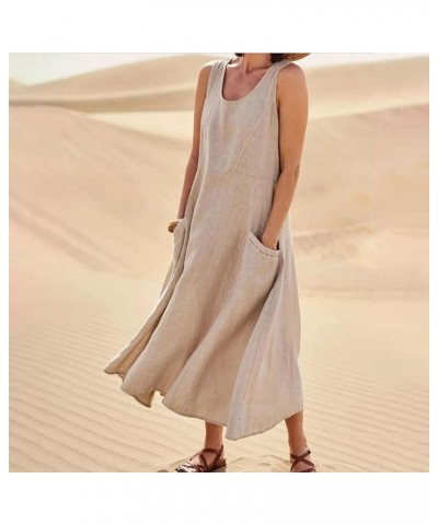 Women's Sundresses Fashion Casual Solid Colour Sleeveless Cotton Linen Pocket Dress Dresses 2022 Khaki $9.89 Dresses