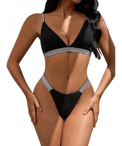 Women's 2 Pcs Bikini Swimsuit Triangle Top and High Cut Thong Bathing Suits Black Glitter $9.66 Swimsuits