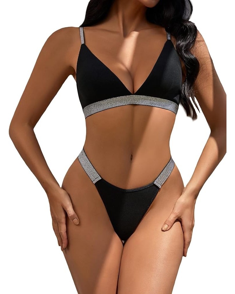 Women's 2 Pcs Bikini Swimsuit Triangle Top and High Cut Thong Bathing Suits Black Glitter $9.66 Swimsuits