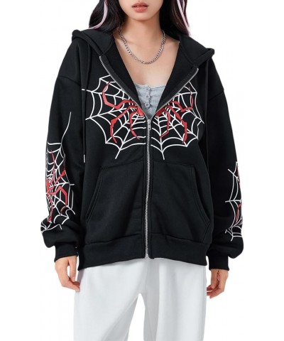 Womens Y2k Skeleton Zip Up Hoodies Rhinestone Graphic Oversized Pullovers Sweatshirt Goth jacket with Pockets 07-spider Web P...