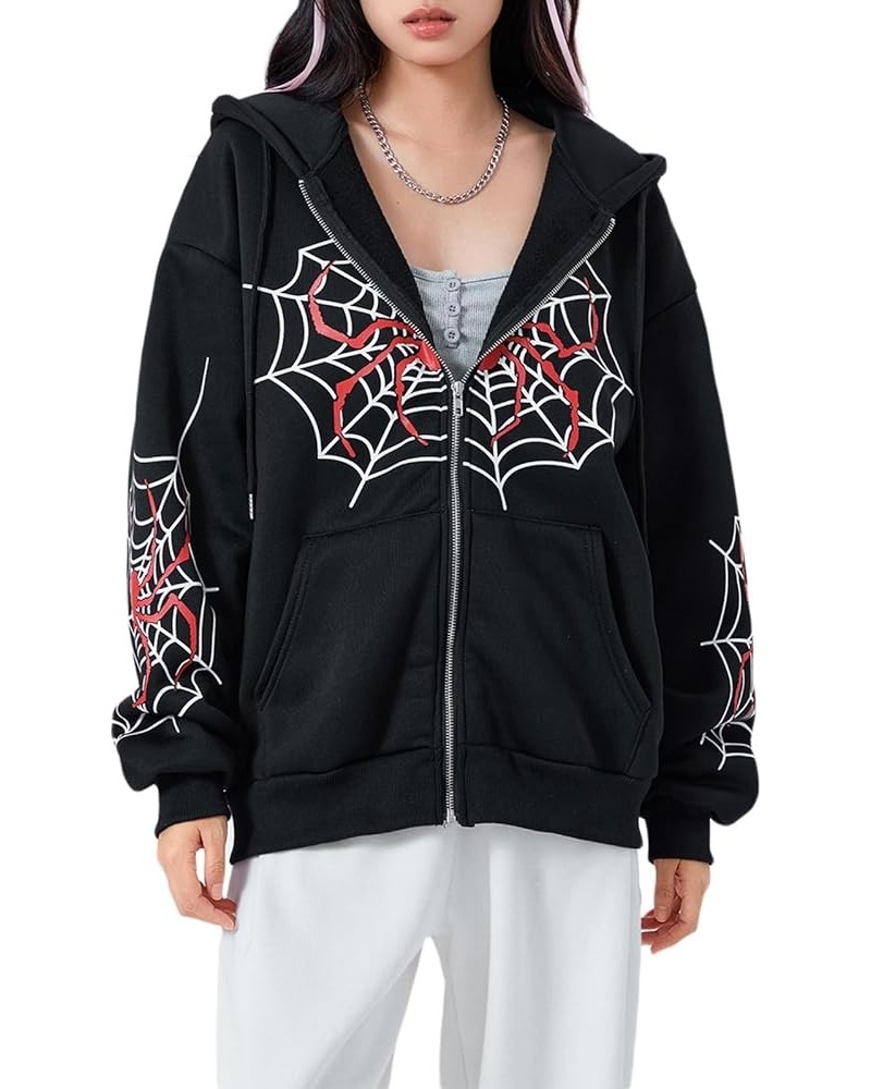 Womens Y2k Skeleton Zip Up Hoodies Rhinestone Graphic Oversized Pullovers Sweatshirt Goth jacket with Pockets 07-spider Web P...