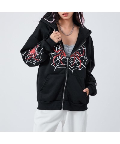 Womens Y2k Skeleton Zip Up Hoodies Rhinestone Graphic Oversized Pullovers Sweatshirt Goth jacket with Pockets 07-spider Web P...