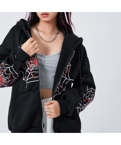 Womens Y2k Skeleton Zip Up Hoodies Rhinestone Graphic Oversized Pullovers Sweatshirt Goth jacket with Pockets 07-spider Web P...