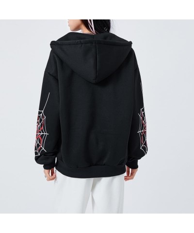 Womens Y2k Skeleton Zip Up Hoodies Rhinestone Graphic Oversized Pullovers Sweatshirt Goth jacket with Pockets 07-spider Web P...