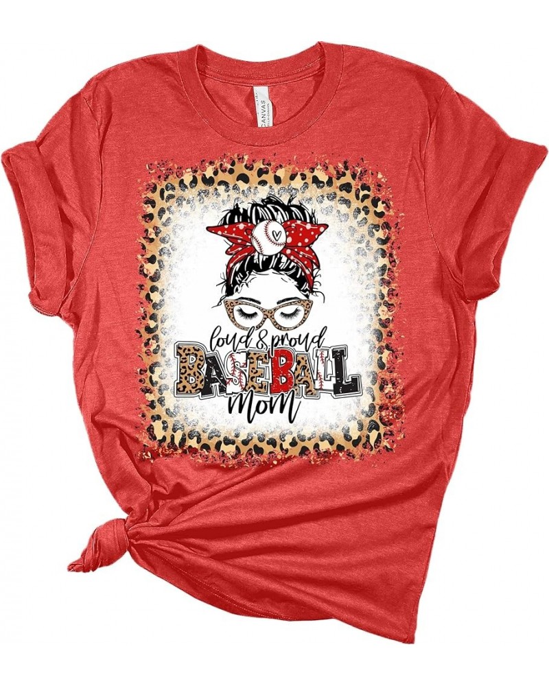 Baseball Mom Loud and Proud Women's Graphic Leopard Bleach Print T-Shirt Heather Red $13.70 T-Shirts