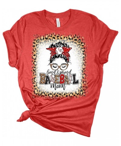 Baseball Mom Loud and Proud Women's Graphic Leopard Bleach Print T-Shirt Heather Red $13.70 T-Shirts