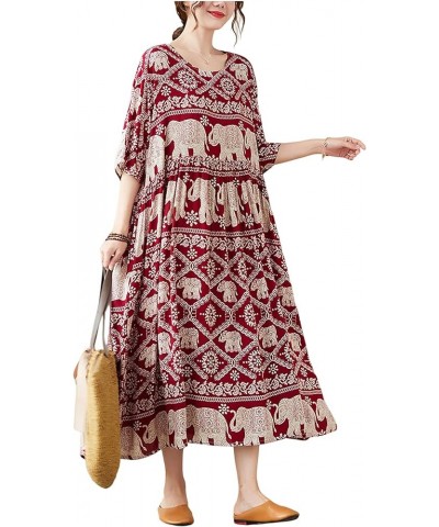 Women's Vintage Print Plus Size Dress Casual Cotton Boho Ethnic 3/4 Sleeve Long Maxi Swing Dress with Pockets Burgundy $17.21...