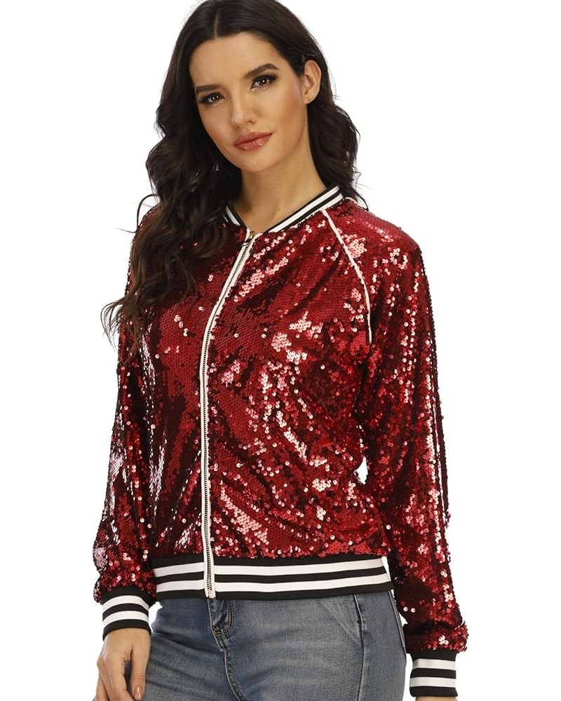 Women's sequined shiny long-sleeved zipper flight jacket casual party disco proscenium ballroom Bright Red $22.88 Jackets