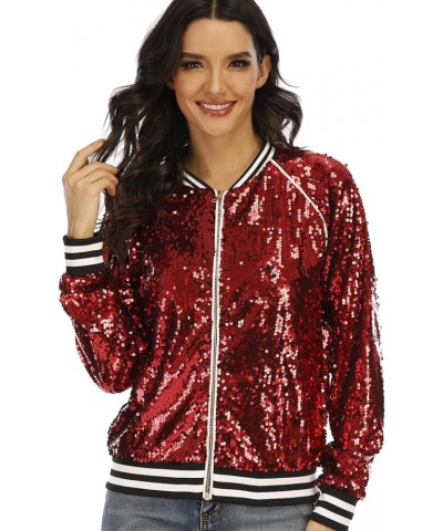 Women's sequined shiny long-sleeved zipper flight jacket casual party disco proscenium ballroom Bright Red $22.88 Jackets