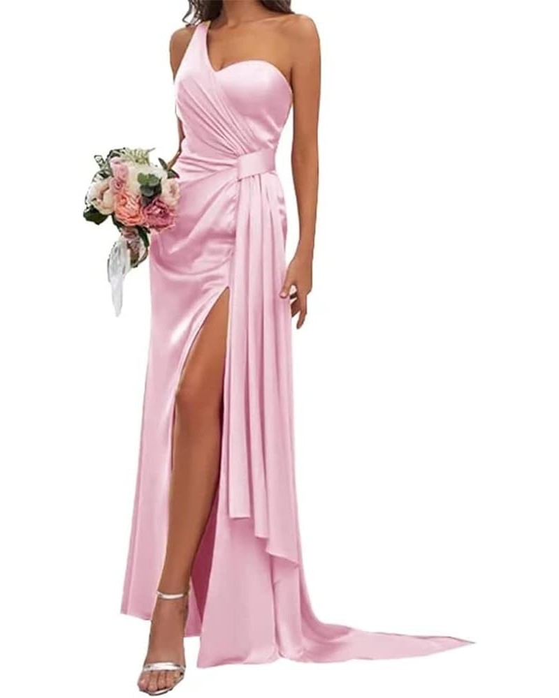 Mermaid Satin Bridesmaid Dresses for Wedding Hi Lo Slit Formal Evening Gowns for Juniors Pink $33.32 Dresses