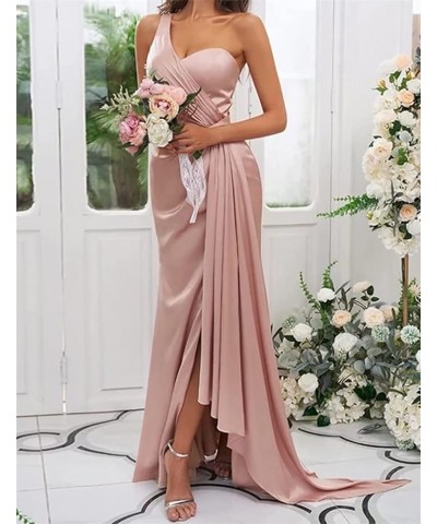 Mermaid Satin Bridesmaid Dresses for Wedding Hi Lo Slit Formal Evening Gowns for Juniors Pink $33.32 Dresses