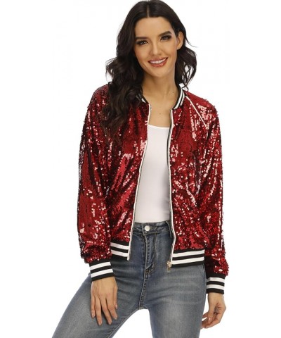 Women's sequined shiny long-sleeved zipper flight jacket casual party disco proscenium ballroom Bright Red $22.88 Jackets