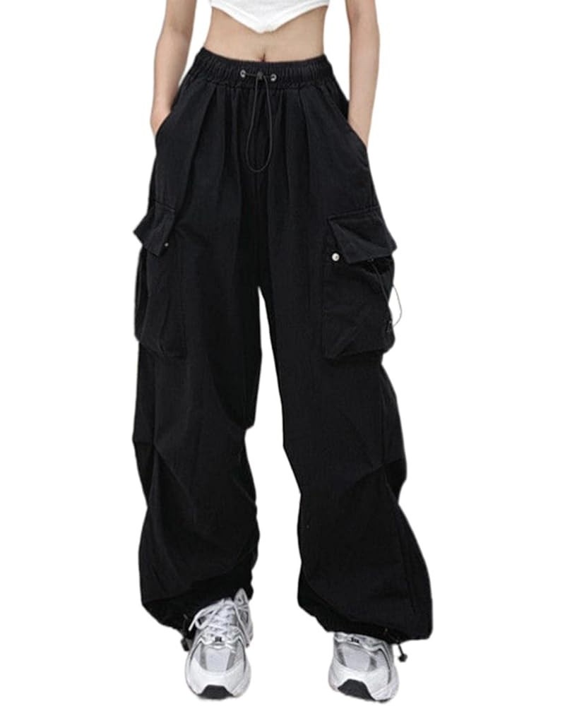 Baggy Cargo Sweatpants for Women Casual Elastic High Waist Jogger Hip Hop Y2K Pants Wide Leg Parachute Pants Streetwear A- Bl...