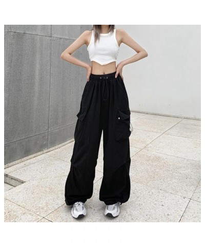 Baggy Cargo Sweatpants for Women Casual Elastic High Waist Jogger Hip Hop Y2K Pants Wide Leg Parachute Pants Streetwear A- Bl...