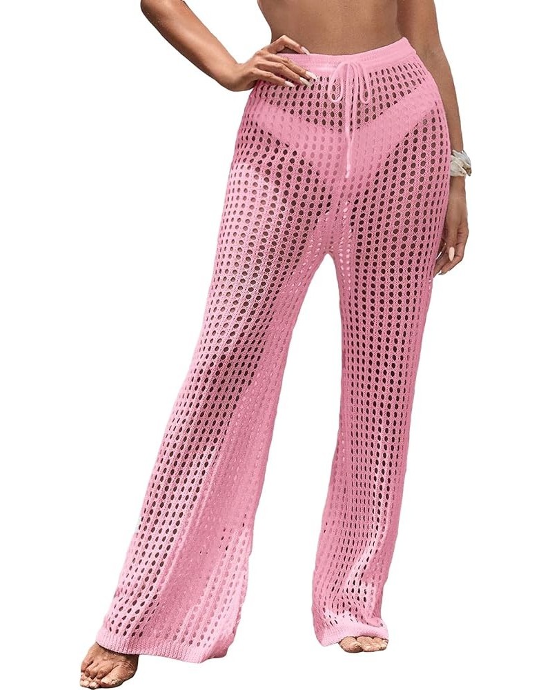 Women's Cover Up Pants Drawstring Crochet Knitted Sheer Beach Cover Up Pants Swimwear Pink Hollow Out $13.50 Swimsuits