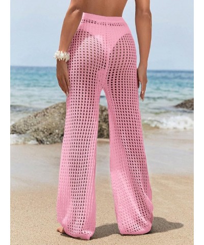 Women's Cover Up Pants Drawstring Crochet Knitted Sheer Beach Cover Up Pants Swimwear Pink Hollow Out $13.50 Swimsuits