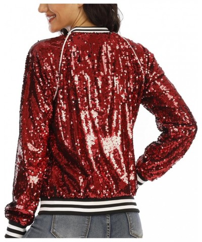 Women's sequined shiny long-sleeved zipper flight jacket casual party disco proscenium ballroom Bright Red $22.88 Jackets