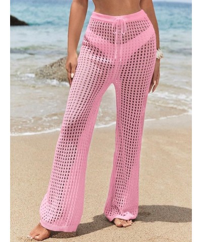 Women's Cover Up Pants Drawstring Crochet Knitted Sheer Beach Cover Up Pants Swimwear Pink Hollow Out $13.50 Swimsuits